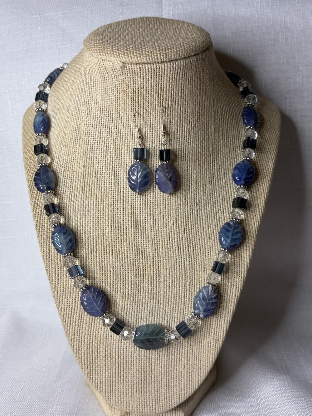 Handcrafted Carved Sapphire Necklace and Earring Set